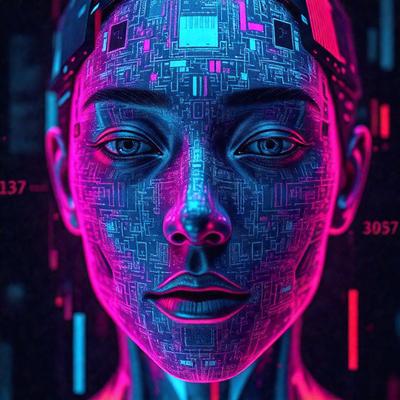 The primary subject of the image is a woman's face, which is the main focus of the image. The setting is a futuristic, digital environment, with a background of a computer screen. The visual style is a combination of photo and digital art, creating a unique and intriguing appearance. The colors and mood of the image are predominantly pink and purple, giving it a vibrant and dreamy atmosphere.